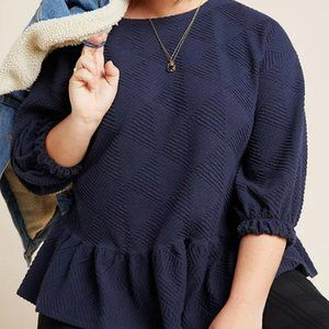 NWT Anthropologie Plus Maeve Mikayla Navy Blue Peplum Balloon Sleeve Top